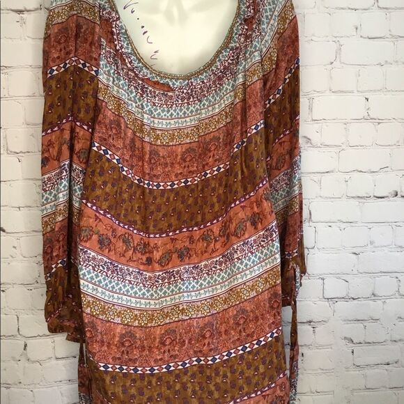 Beach lunch lounge Off Shoulder Rust Print Blouse Boho - Picture 7 of 10